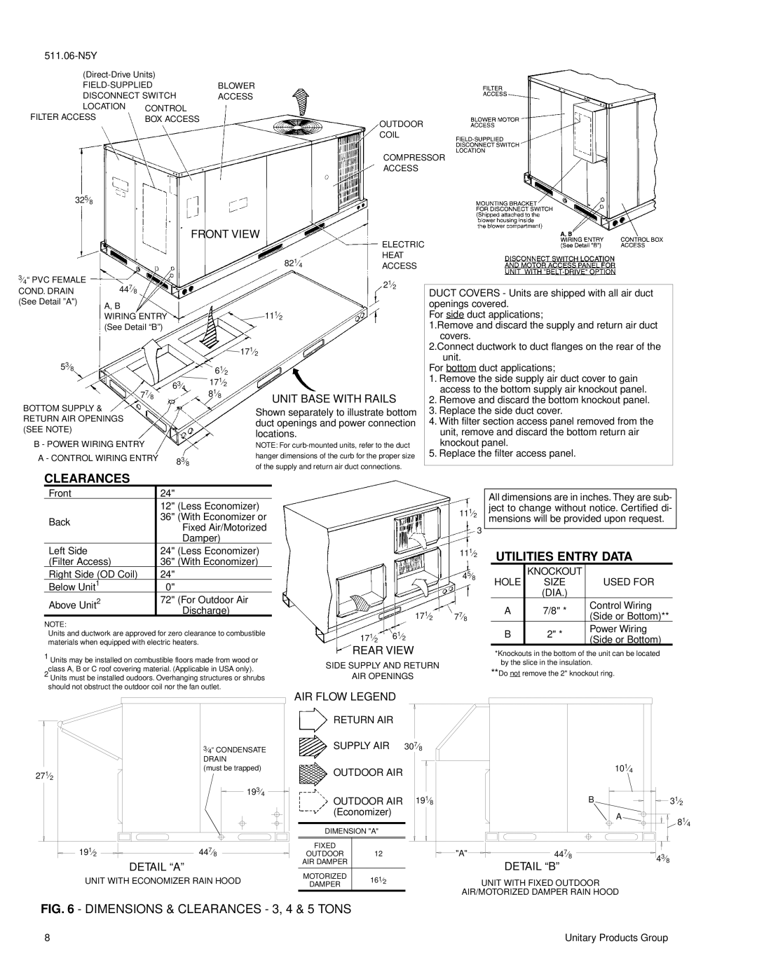 York 2000 Utilities Entry Data, Knockout Hole Size Used for, DIA Control Wiring Side or Bottom Power Wiring, Return AIR 