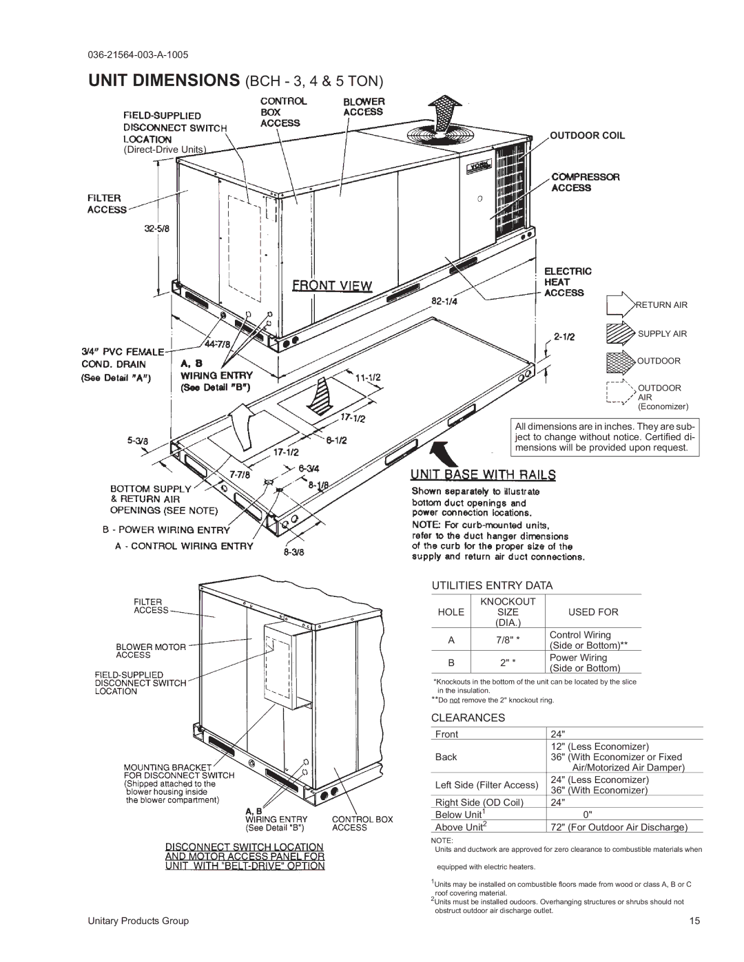 York 2000 warranty Direct-Drive Units, Knockout Hole Size Used for, DIA Control Wiring Side or Bottom Power Wiring 