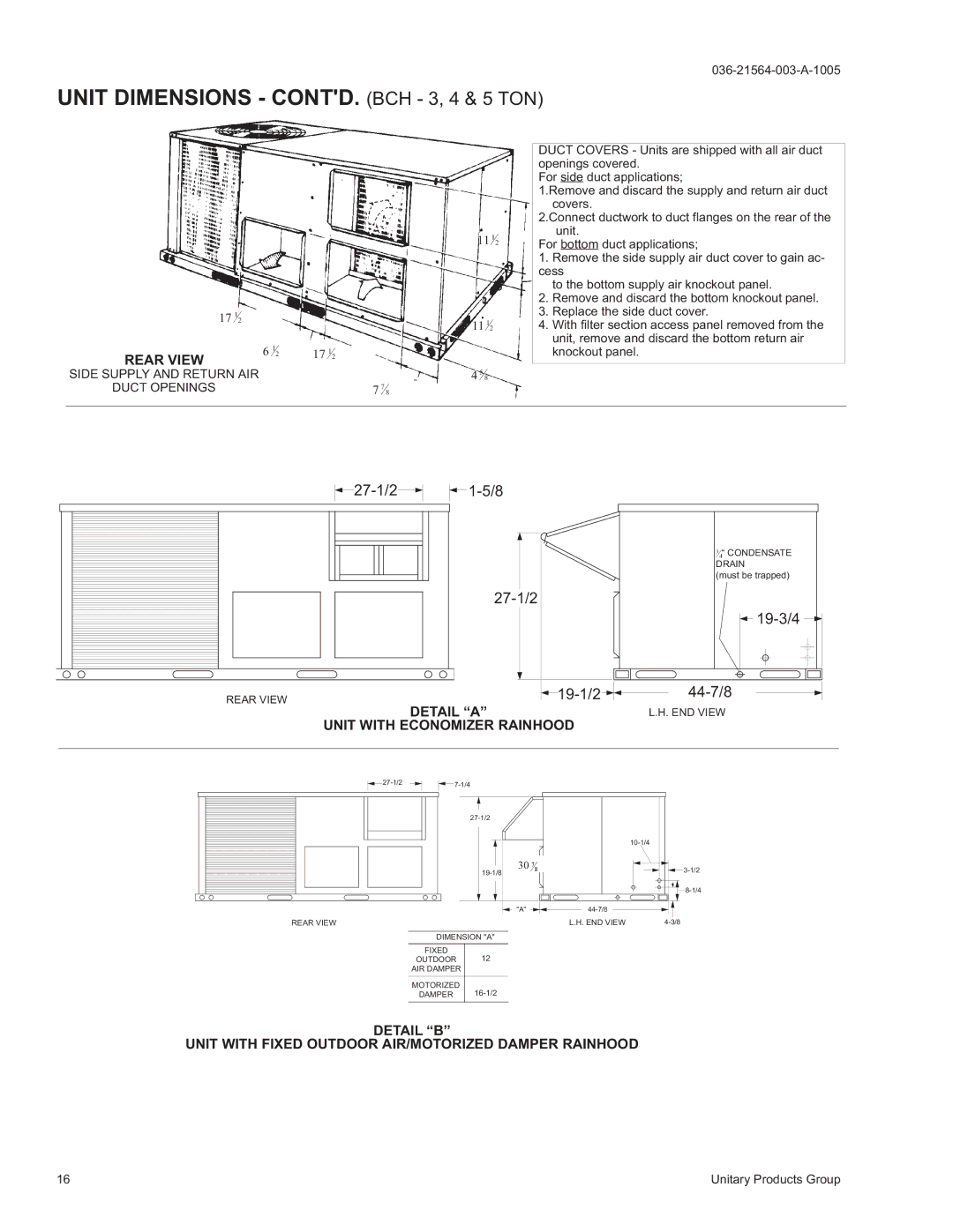 York 2000 warranty Unit Dimensions CONTD. BCH 3, 4 & 5 TON, Rear View, Detail a, Unit with Economizer Rainhood 