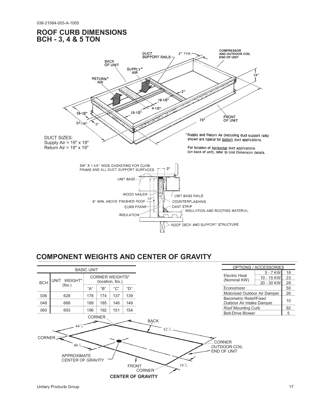 York 2000 warranty Roof Curb Dimensions, Component Weights and Center of Gravity 