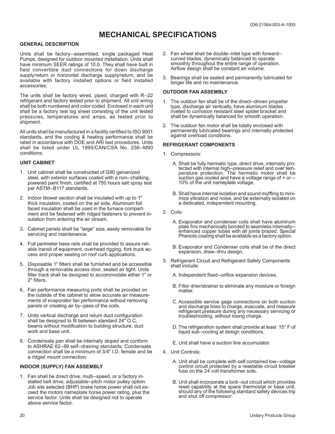 York 2000 warranty Mechanical Specifications 