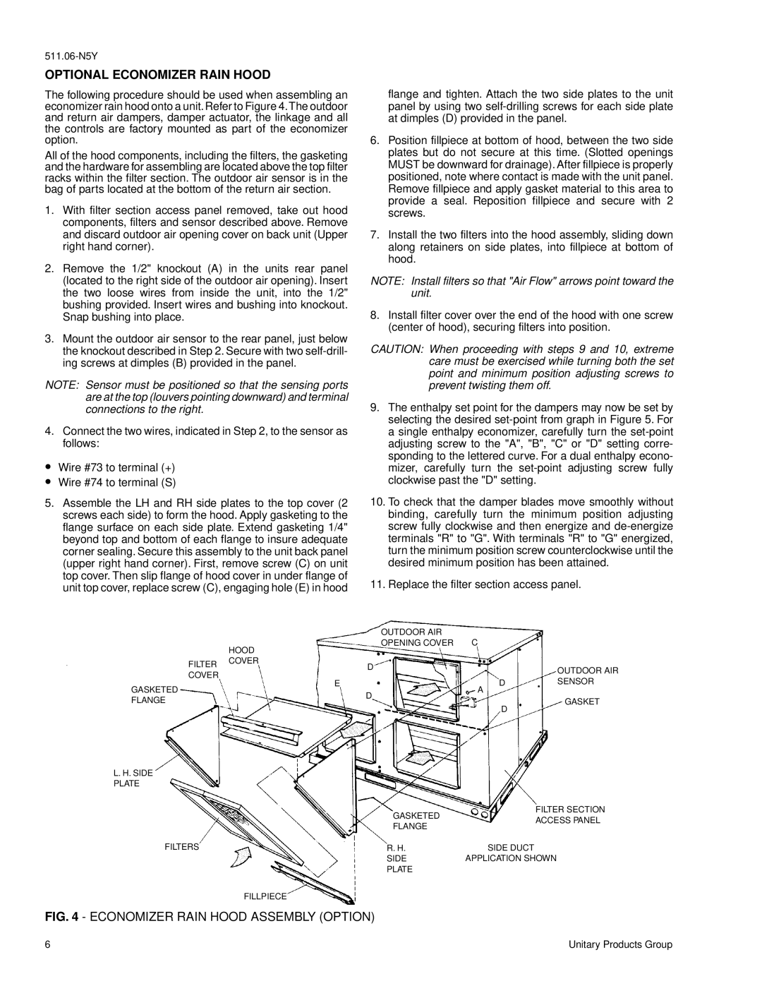 York 2000 installation instructions Optional Economizer Rain Hood, Economizer Rain Hood Assembly Option 