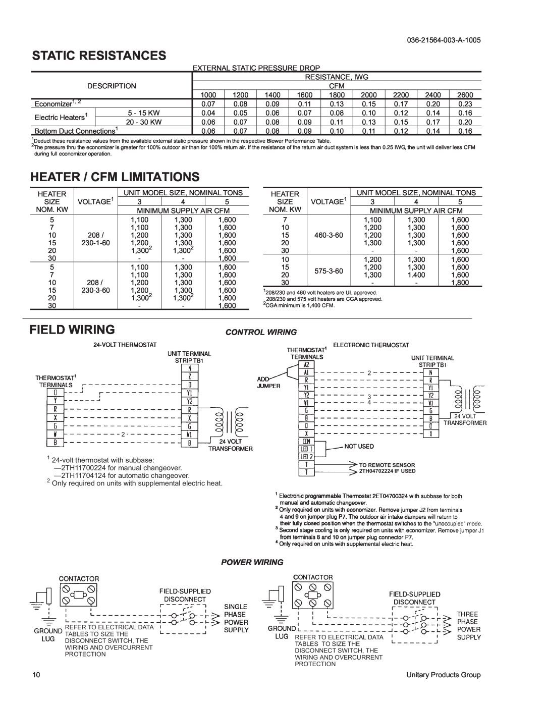 York 2000 warranty Static Resistances, Heater / Cfm Limitations, Field Wiring, Control Wiring, Power Wiring 