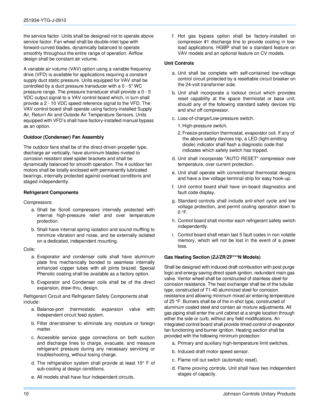 York 251934-YTG-J-0910 manual Outdoor Condenser Fan Assembly, Refrigerant Components, Unit Controls 