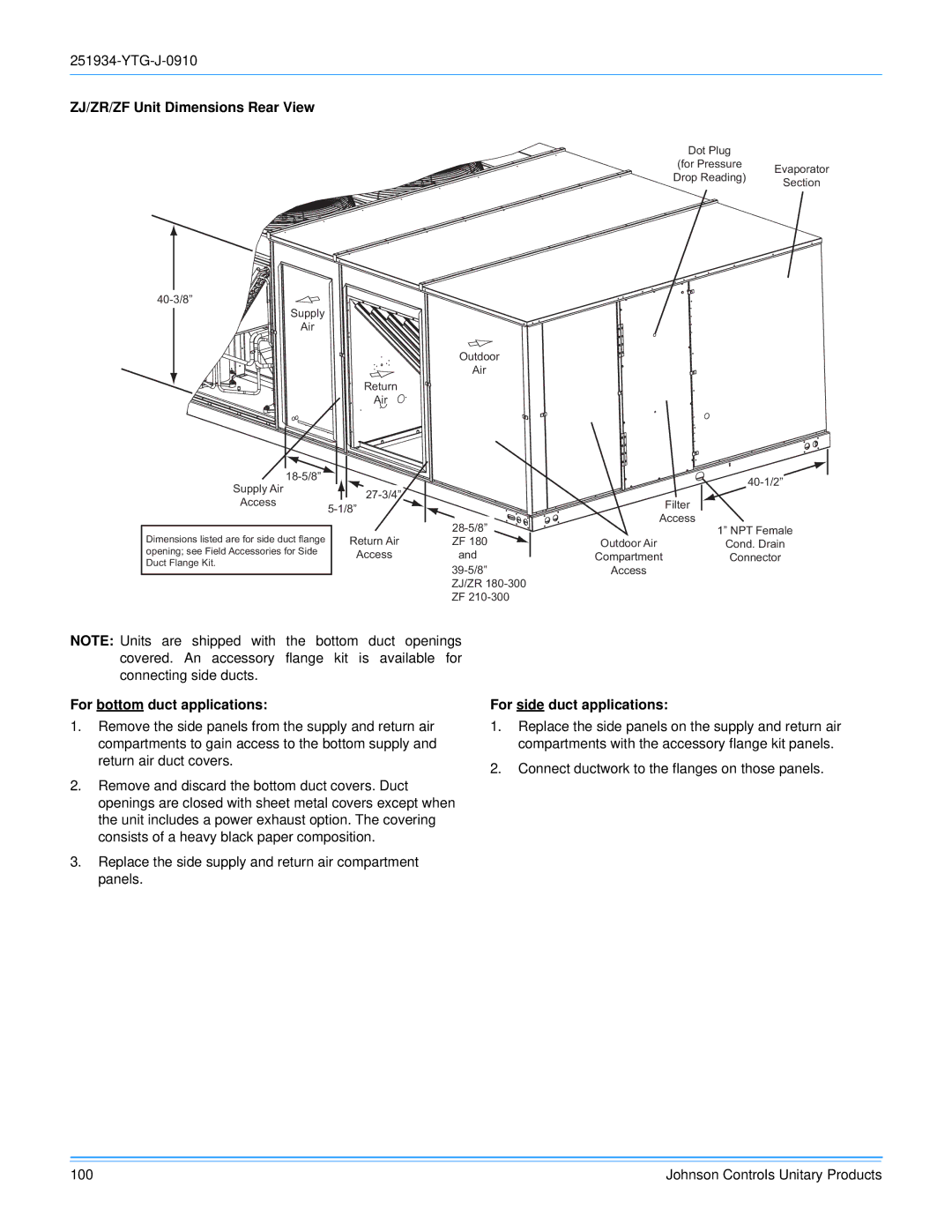 York 251934-YTG-J-0910 manual ZJ/ZR/ZF Unit Dimensions Rear View, For bottom duct applications, For side duct applications 