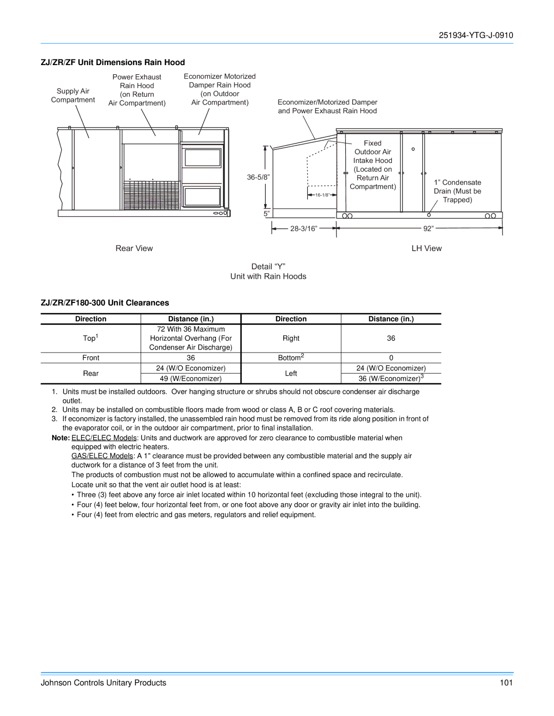 York 251934-YTG-J-0910 manual ZJ/ZR/ZF Unit Dimensions Rain Hood, ZJ/ZR/ZF180-300 Unit Clearances 