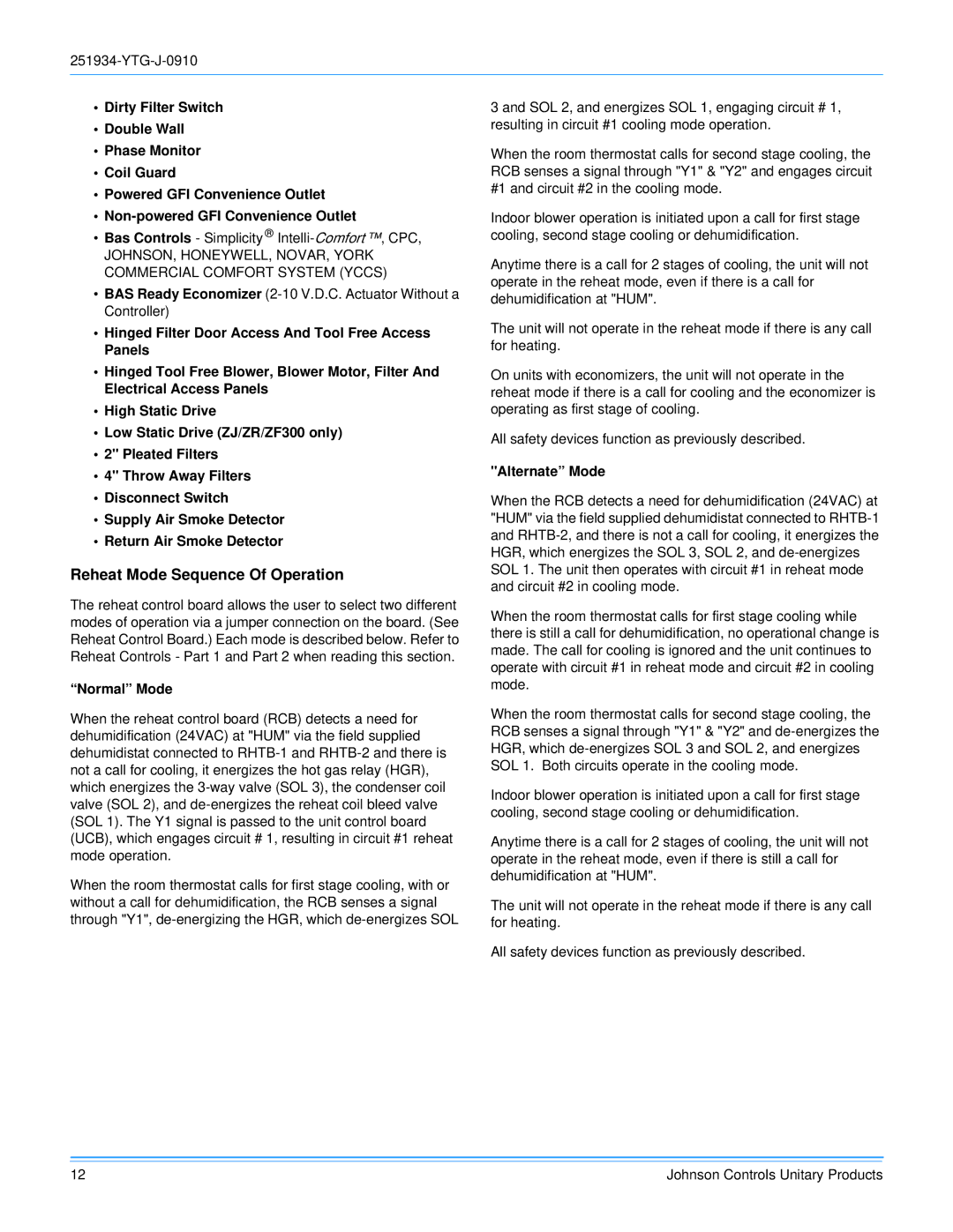 York 251934-YTG-J-0910 manual Reheat Mode Sequence Of Operation, Normal Mode, Alternate Mode 