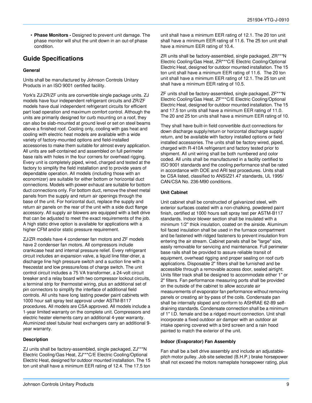 York 251934-YTG-J-0910 manual Guide Specifications, General, Description, Unit Cabinet, Indoor Evaporator Fan Assembly 