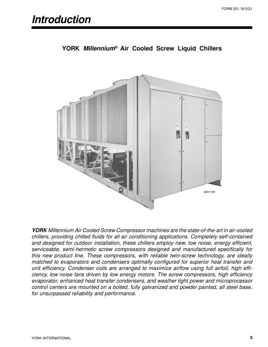 York 28971AR manual Introduction, York Millennium Air Cooled Screw Liquid Chillers 