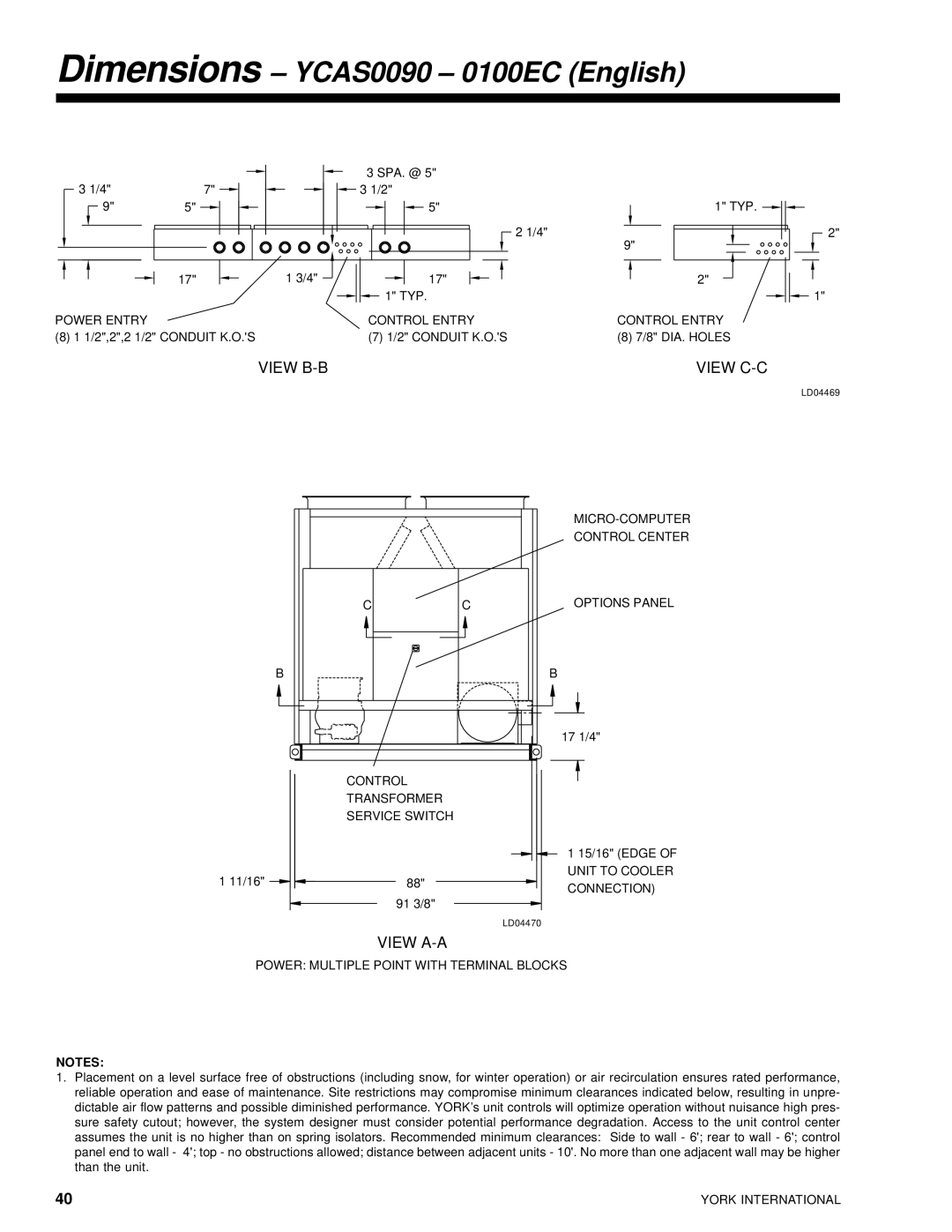 York 28971AR manual Dimensions YCAS0090 0100EC English, View A-A 