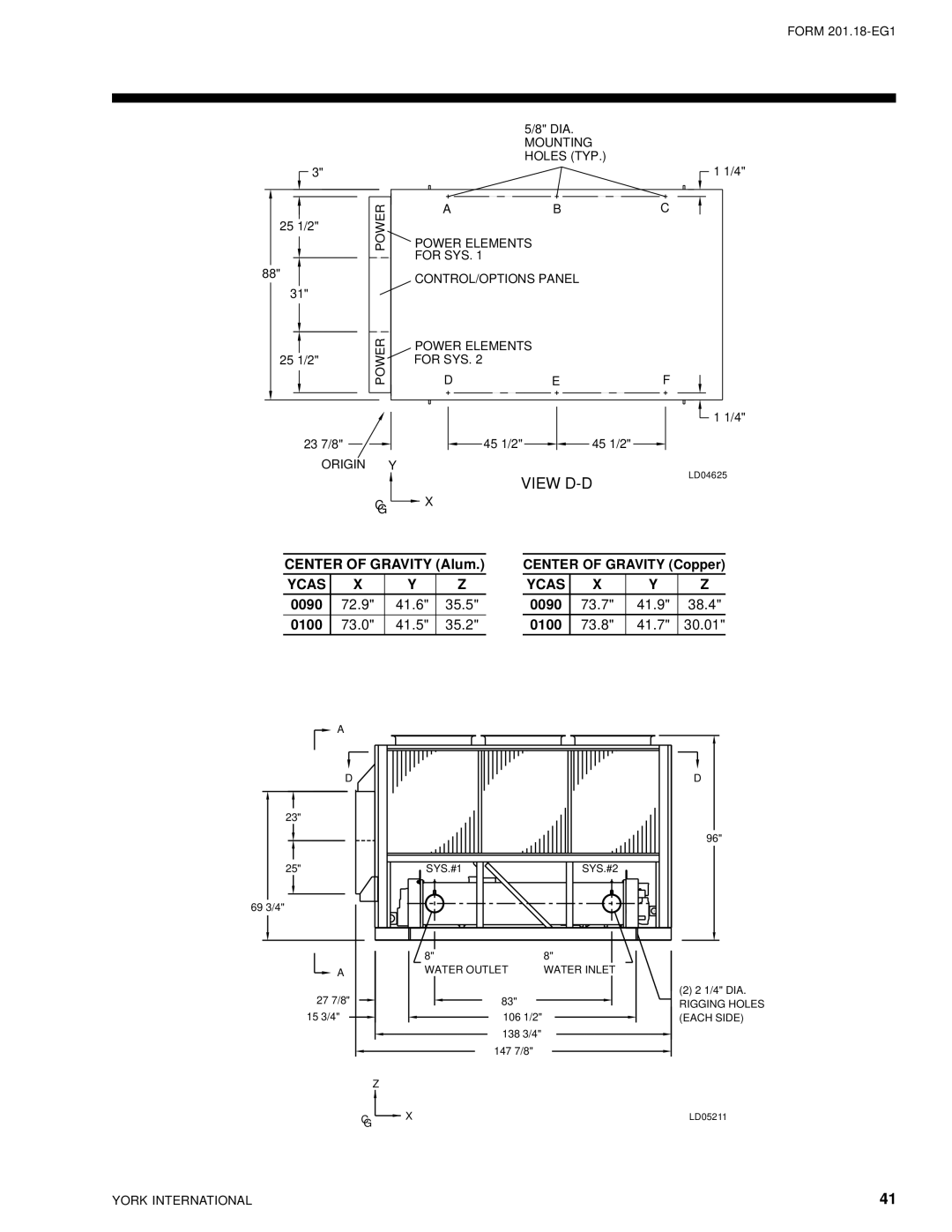 York 28971AR manual Center of Gravity Alum, 0090 73.7 41.9 38.4 0100 73.8 41.7 30.01 