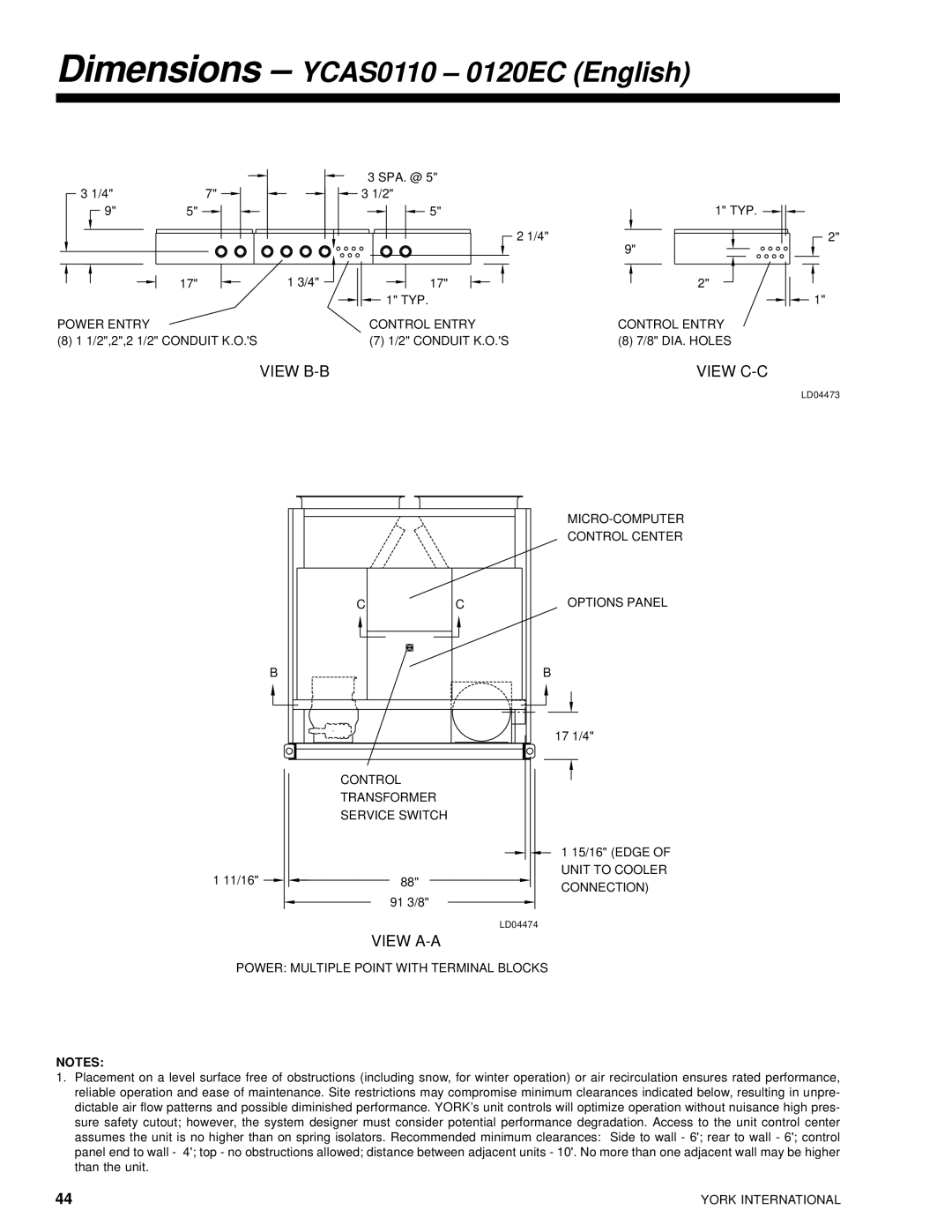 York 28971AR manual Dimensions YCAS0110 0120EC English 