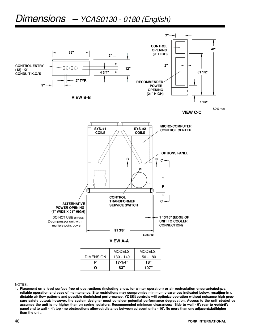 York 28971AR manual Dimensions YCAS0130 0180 English, 130 150 