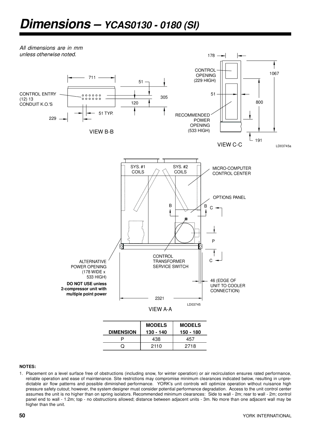 York 28971AR manual Dimensions YCAS0130 0180 SI, 130 150 438 457 