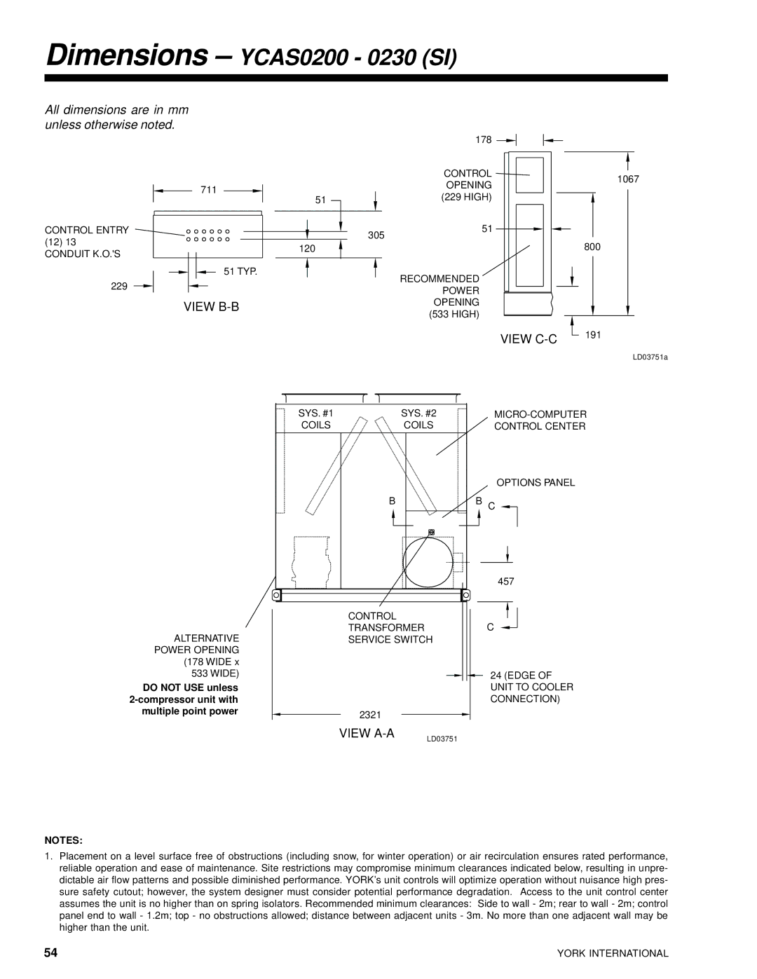 York 28971AR manual Dimensions YCAS0200 0230 SI 