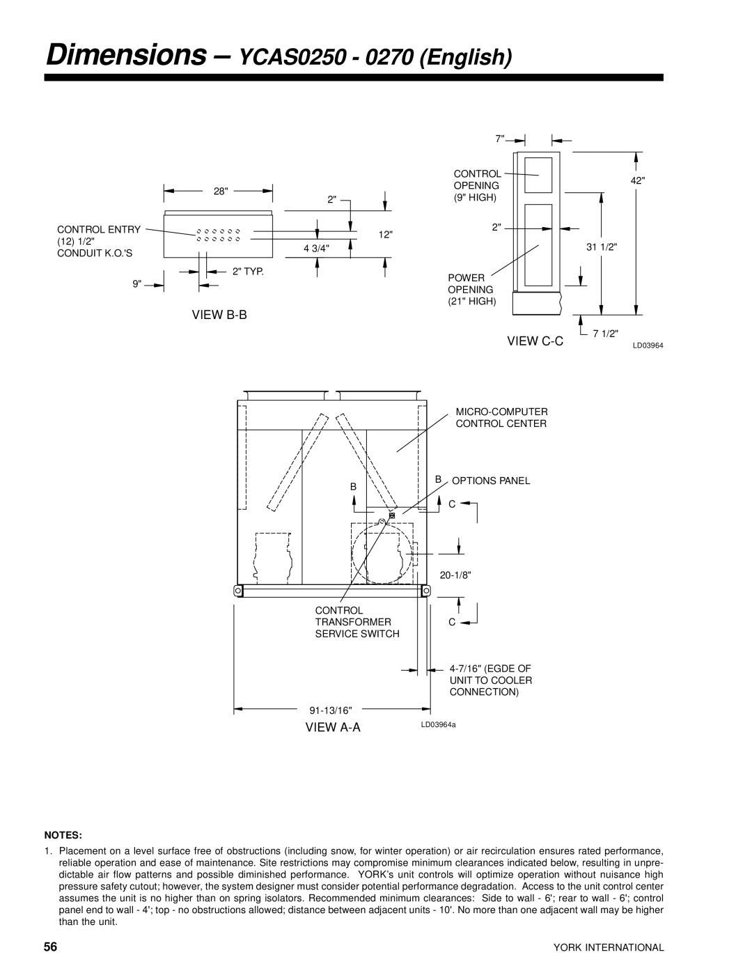 York 28971AR manual Dimensions YCAS0250 0270 English, Egde of Unit to Cooler Connection 