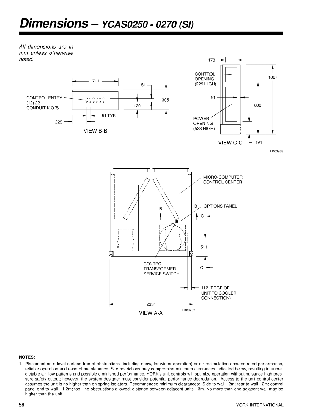 York 28971AR manual Dimensions YCAS0250 0270 SI, All dimensions are Mm unless otherwise noted 