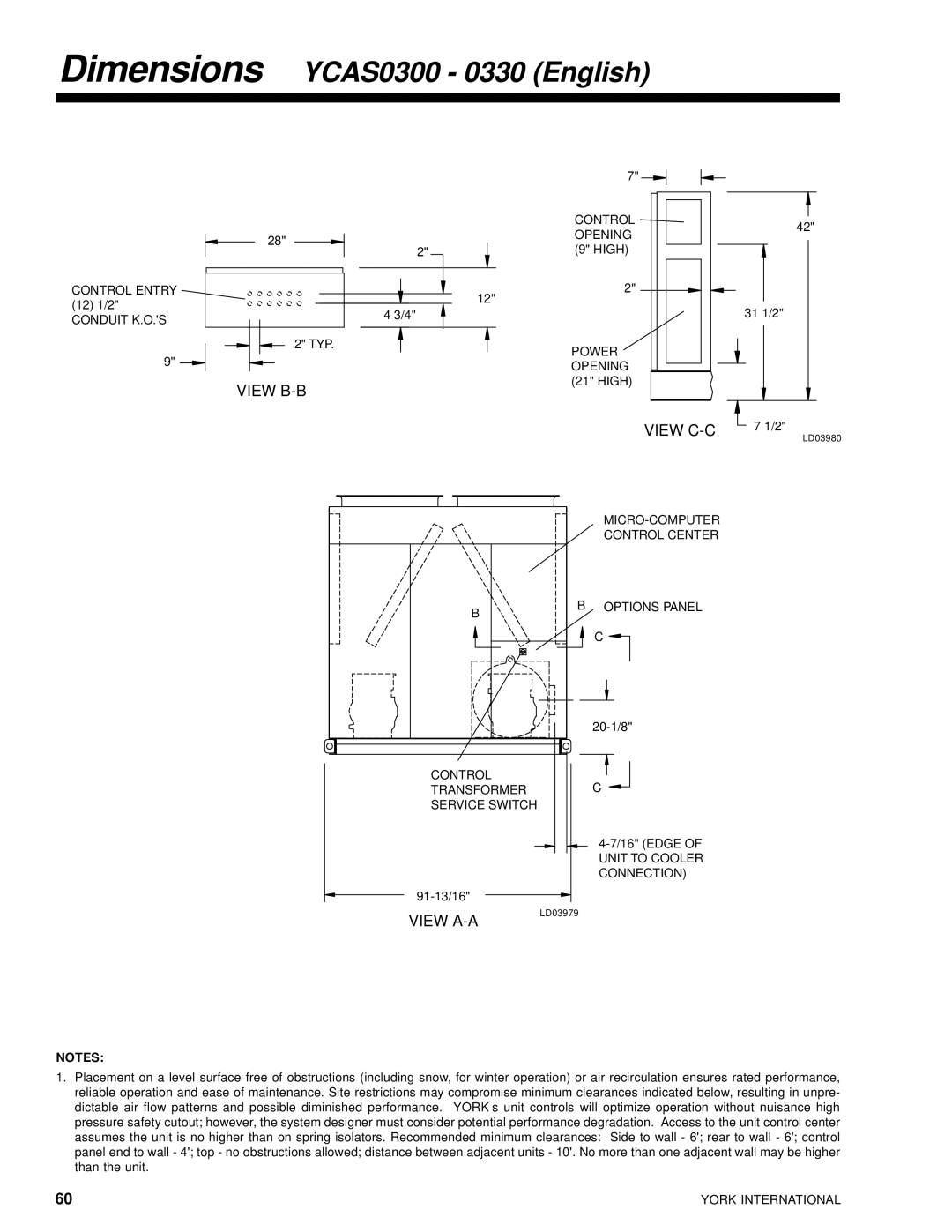 York 28971AR manual Dimensions YCAS0300 0330 English, Edge of Unit to Cooler Connection 