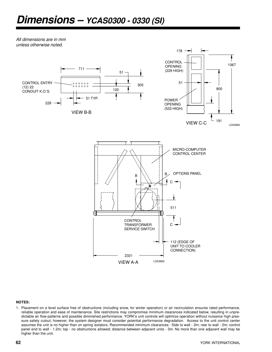 York 28971AR manual Dimensions YCAS0300 0330 SI 