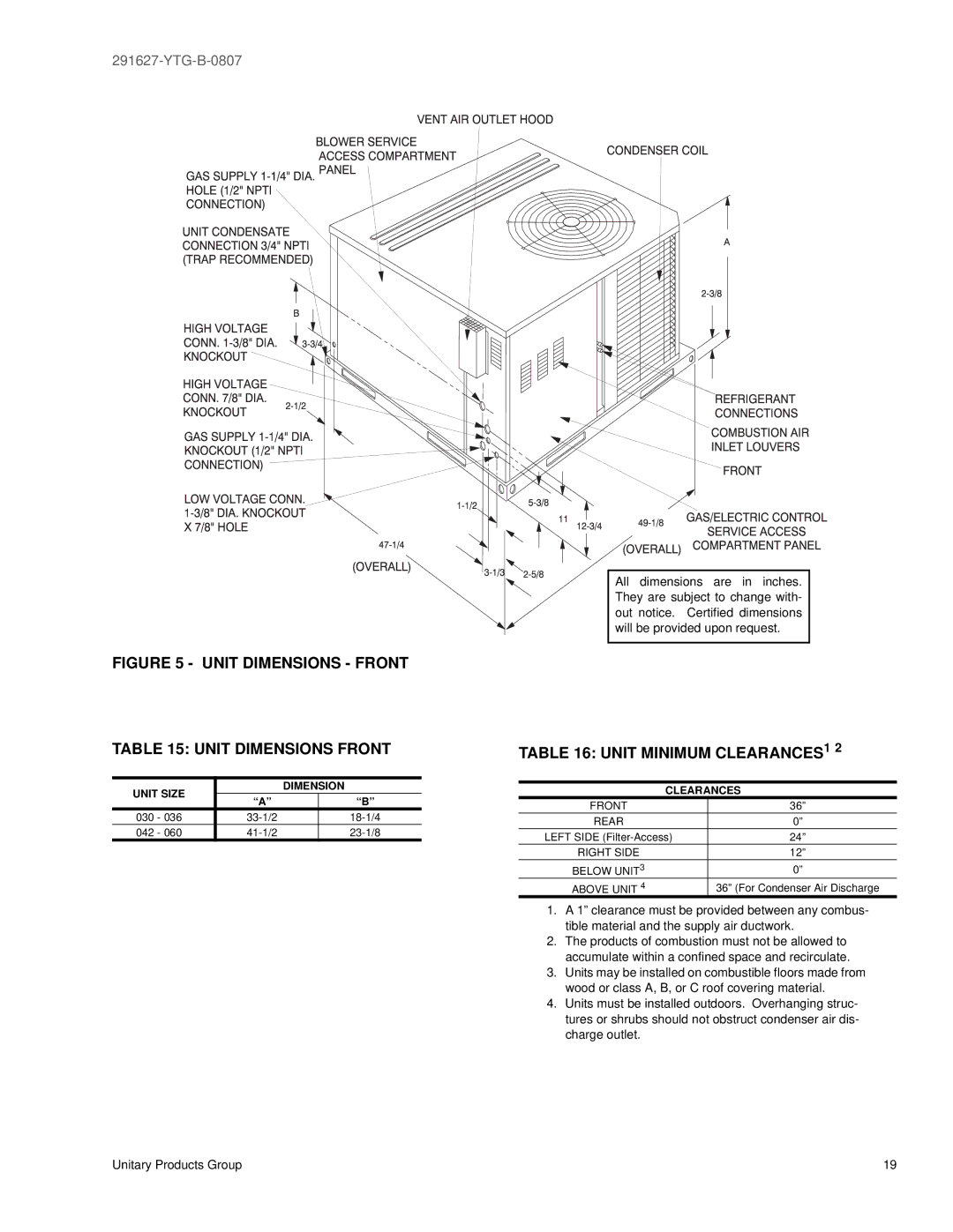 York 291627-YTG-B-0807 warranty Unit Minimum CLEARANCES1, Unit Size Dimension, Clearances 