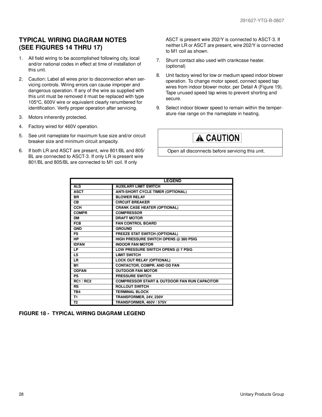 York 291627-YTG-B-0807 Typical Wiring Diagram Notes see Figures 14 Thru, Compressor Start & Outdoor FAN RUN Capacitor 