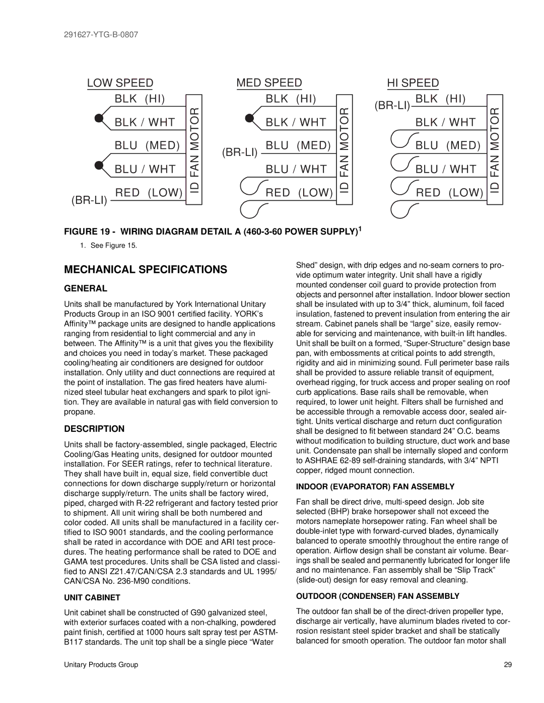 York 291627-YTG-B-0807 warranty Mechanical Specifications, Description 