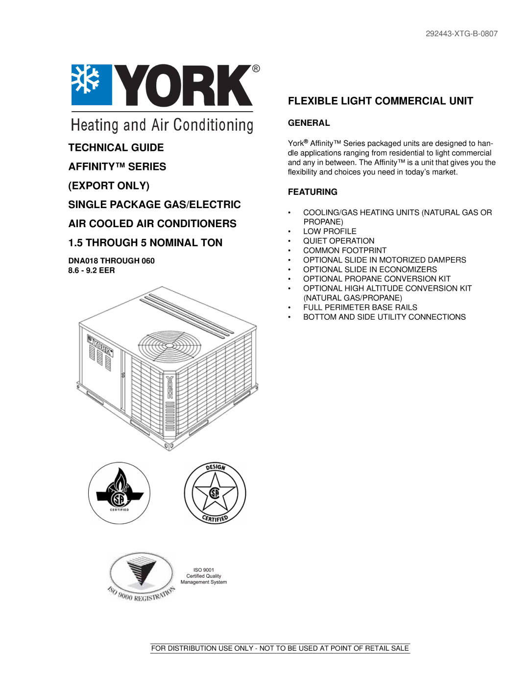 York 292443-XTG-B-0807 manual Flexible Light Commercial Unit, General, Featuring 