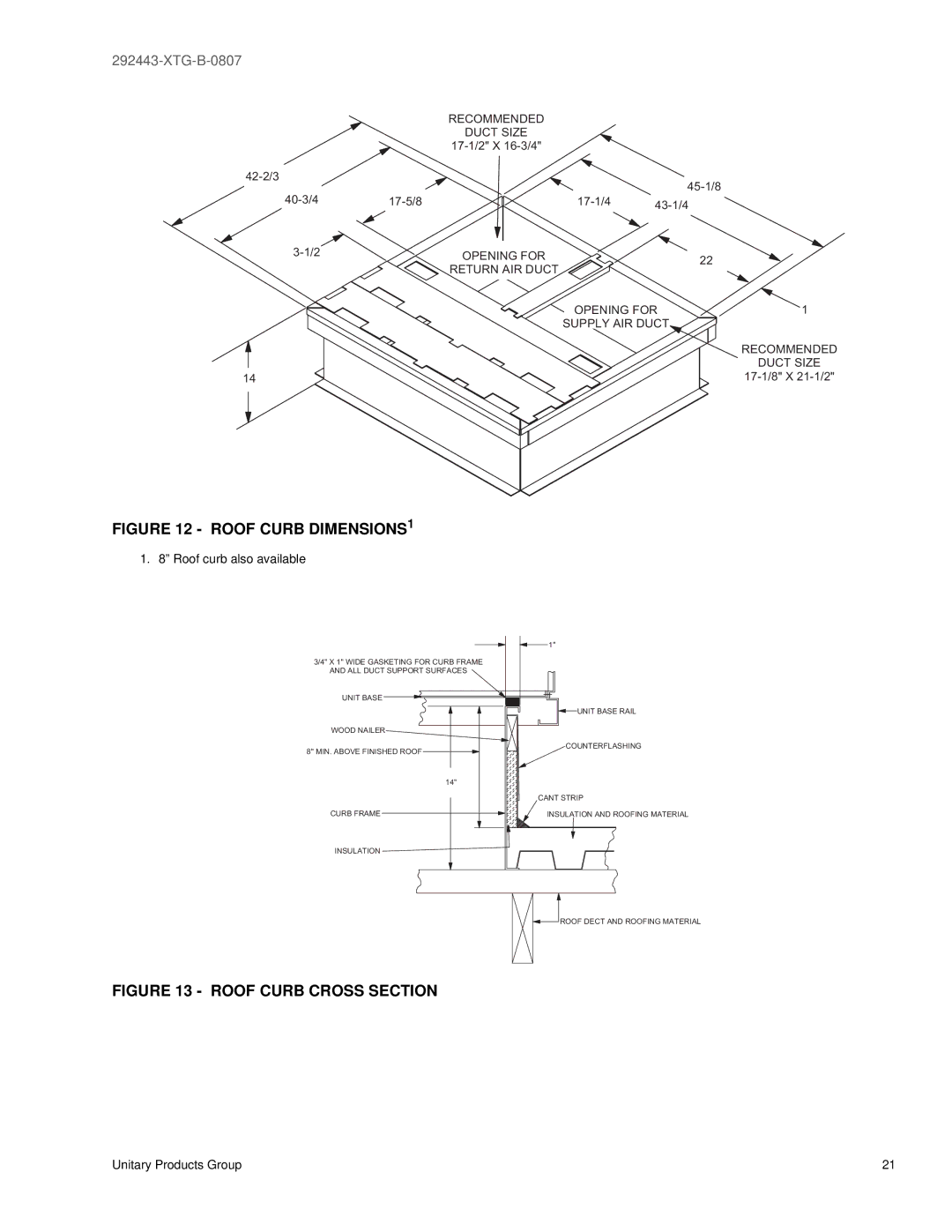 York 292443-XTG-B-0807 manual Roof Curb DIMENSIONS1 