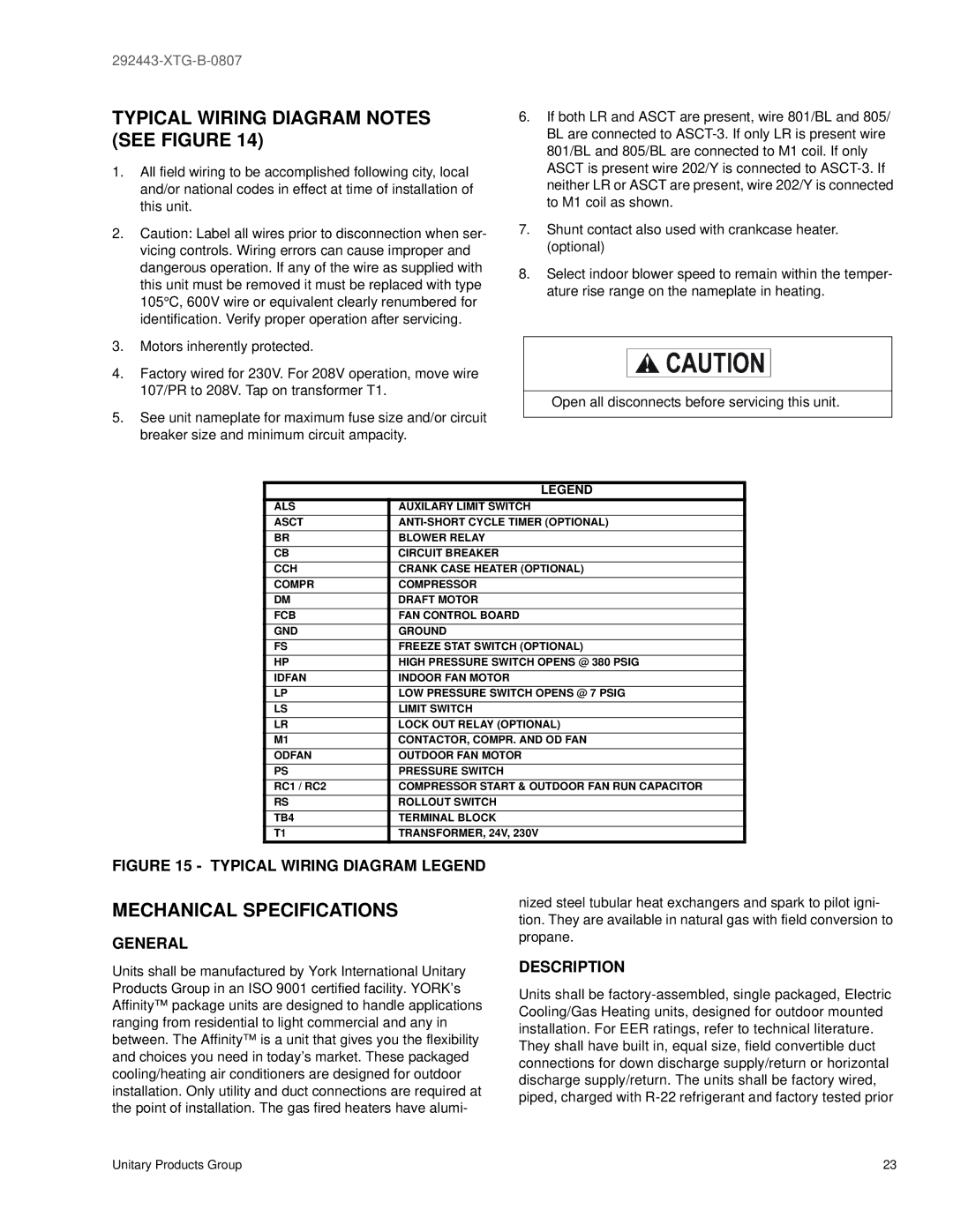 York 292443-XTG-B-0807 manual Typical Wiring Diagram Notes see Figure, Mechanical Specifications, Description 