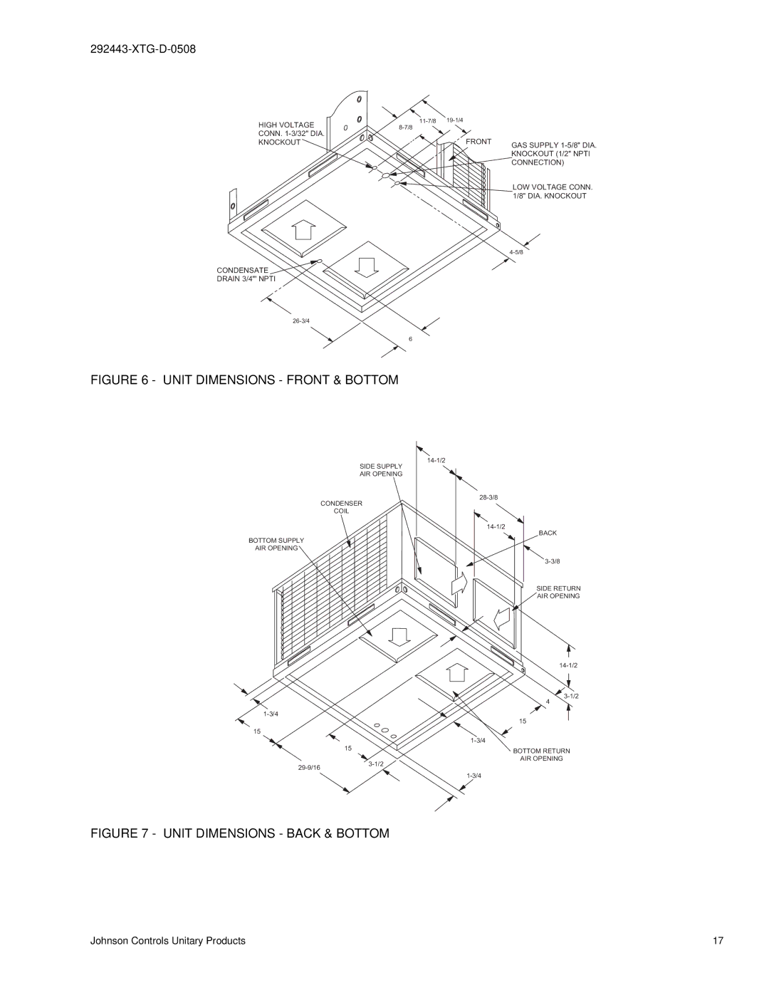 York 292443-XTG-D-0508 manual Unit Dimensions Front & Bottom 