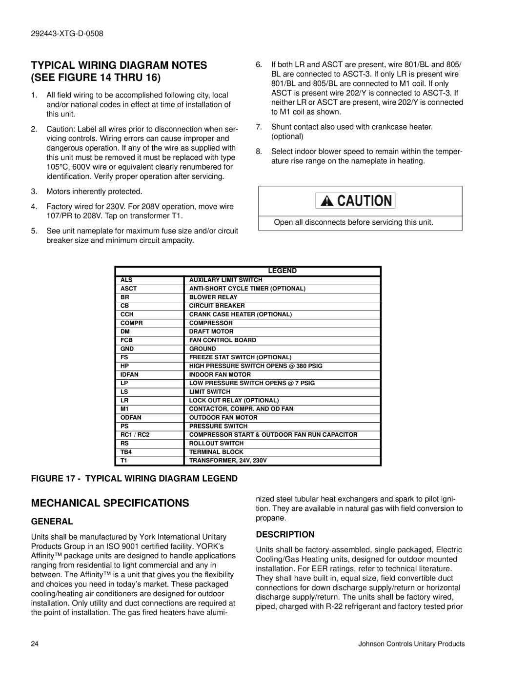 York 292443-XTG-D-0508 manual Typical Wiring Diagram Notes see Thru, Mechanical Specifications, Description 