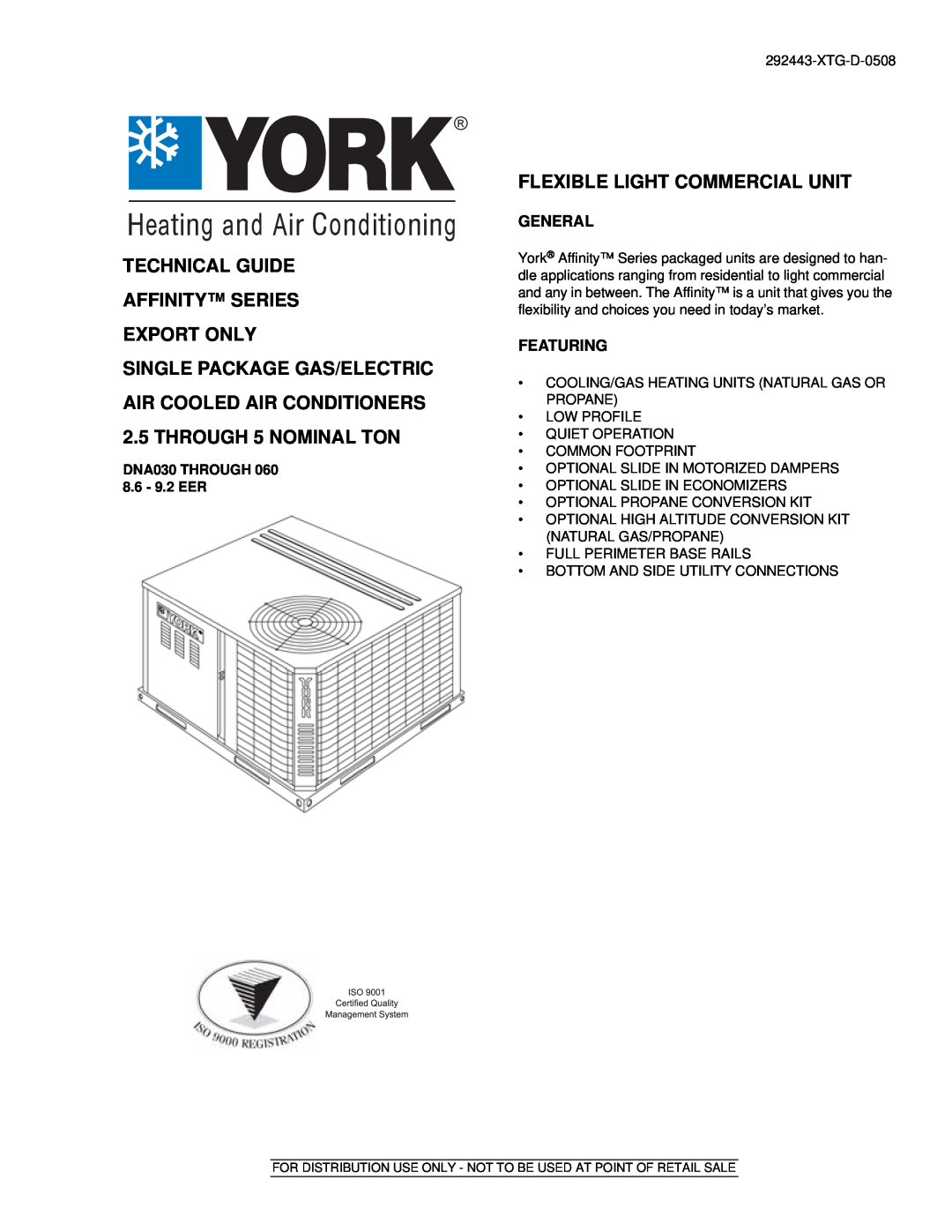 York 292443-XTG-D-0508 manual Technical Guide Affinity Series Export Only, Flexible Light Commercial Unit, General 