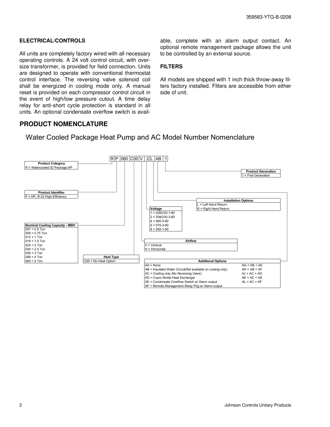 York 359583-YTG-B-0208 manual Product Nomenclature 