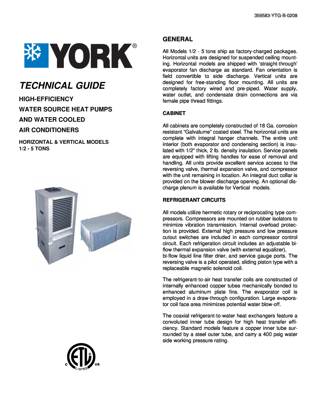 York 359583-YTG-B-0208 manual High-Efficiency, Water Source Heat Pumps And Water Cooled, Air Conditioners, General 