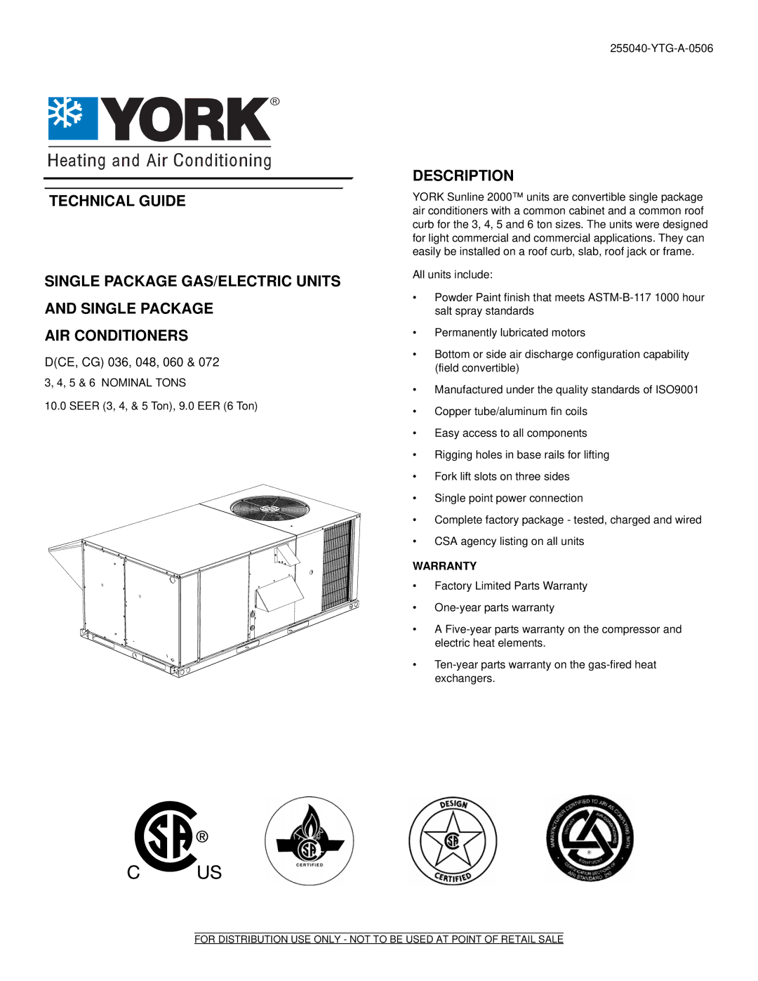 York 60, 36, 48 warranty Description, Warranty 