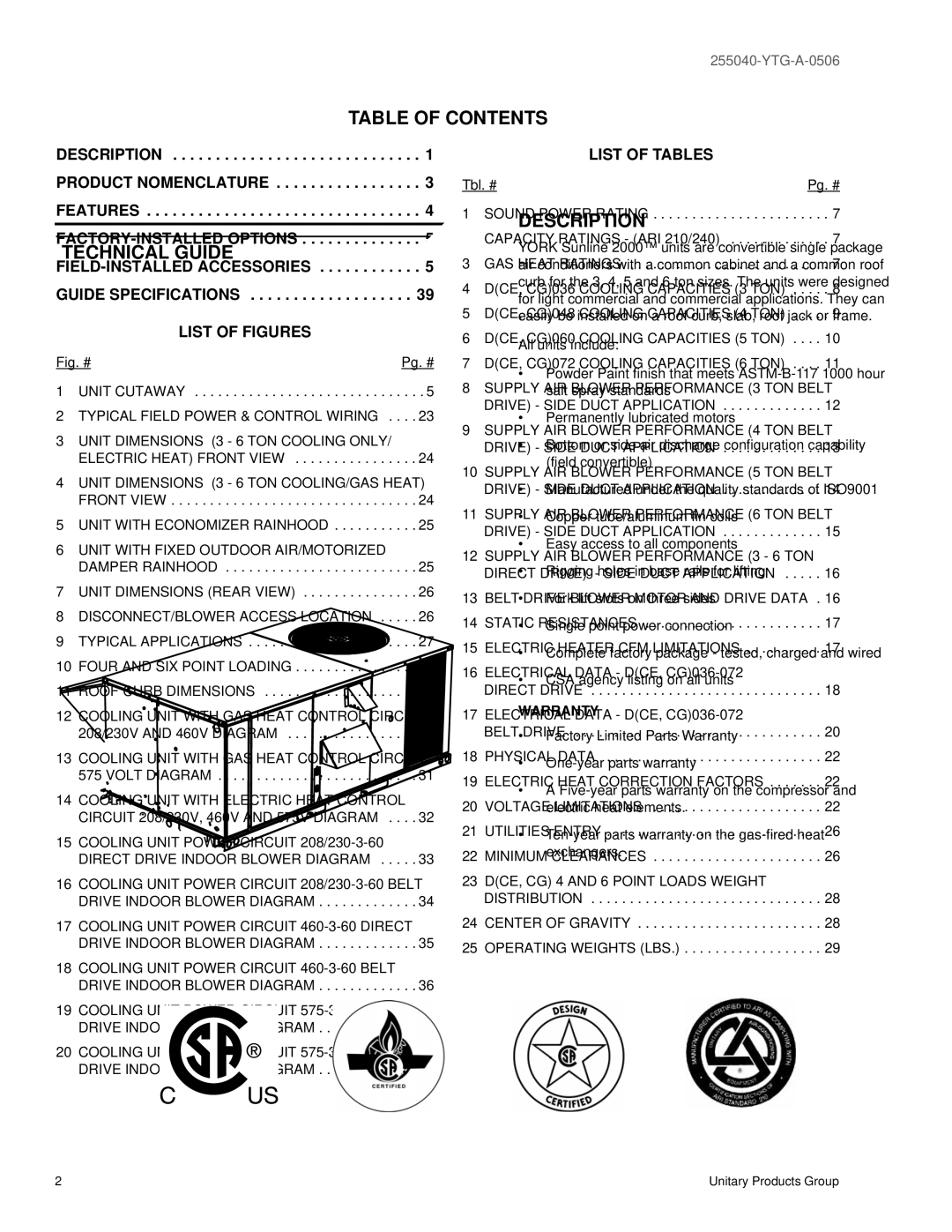 York 48, 36, 60 warranty Table of Contents 