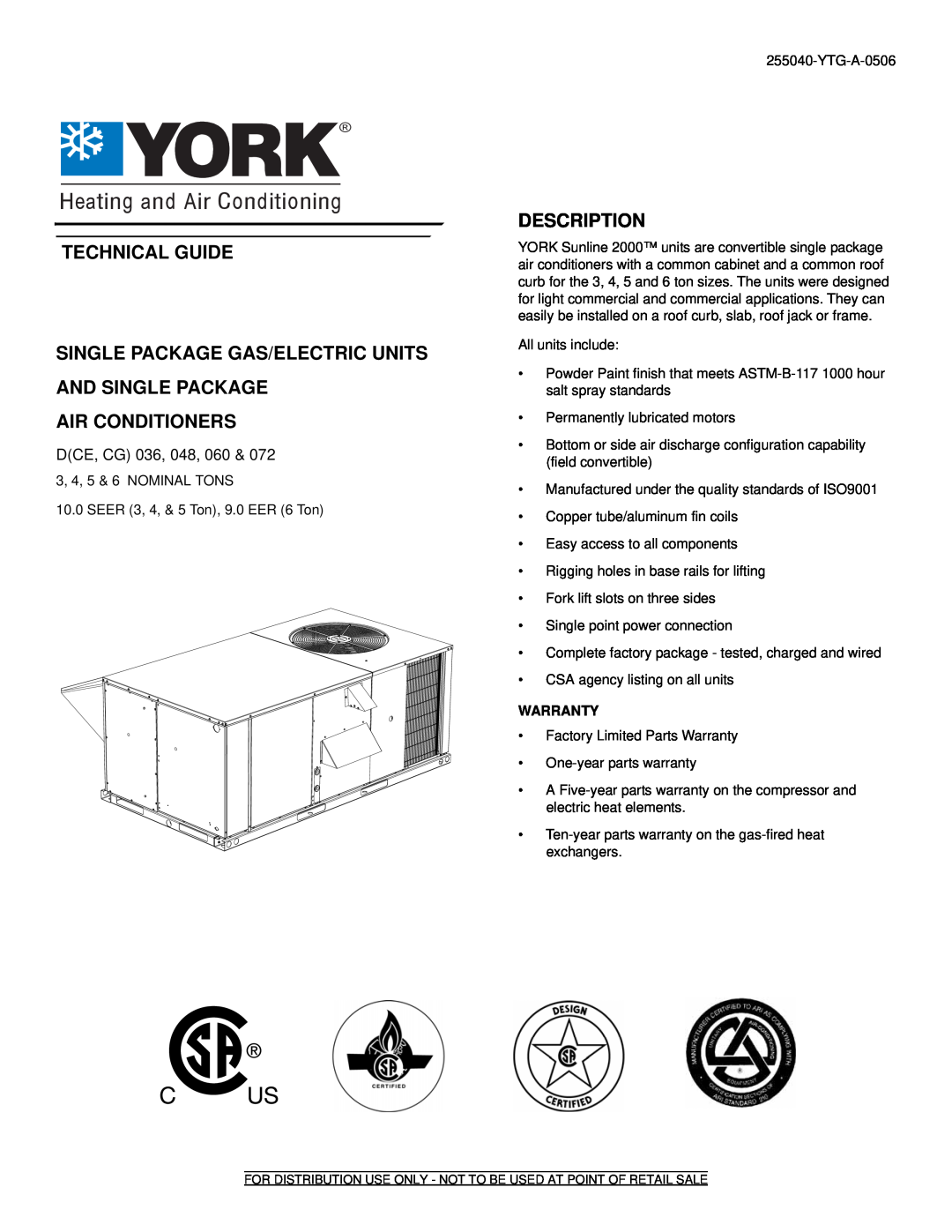 York 48, 60 warranty Description, Single Package Air-To-Air Heat Pumps, Features, Seer, Technical Guide, SUNLINE 2000 