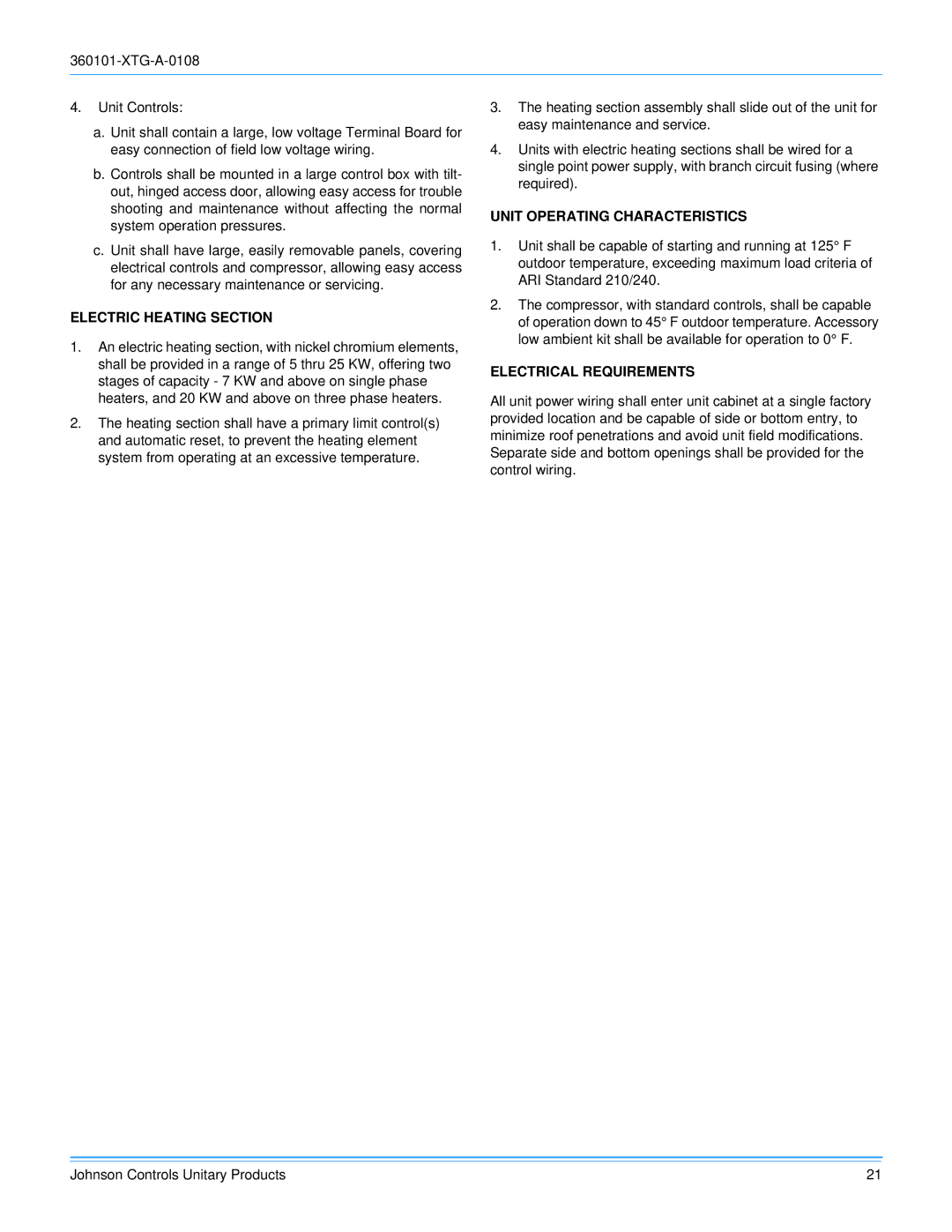 York 360101-XTG-A-0108 manual Electric Heating Section, Unit Operating Characteristics, Electrical Requirements 