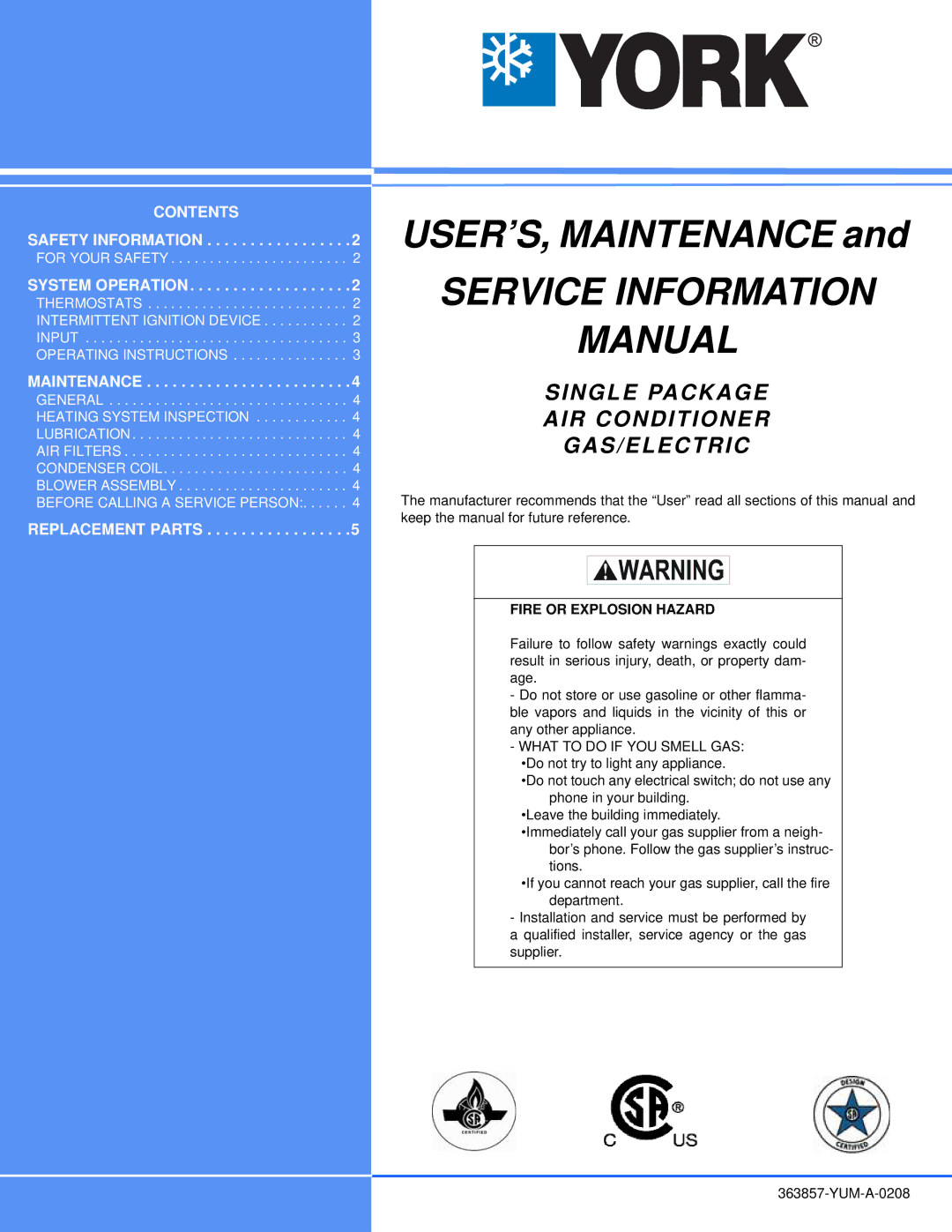 York 363857-YUM-A-0208 manual Service Information Manual 