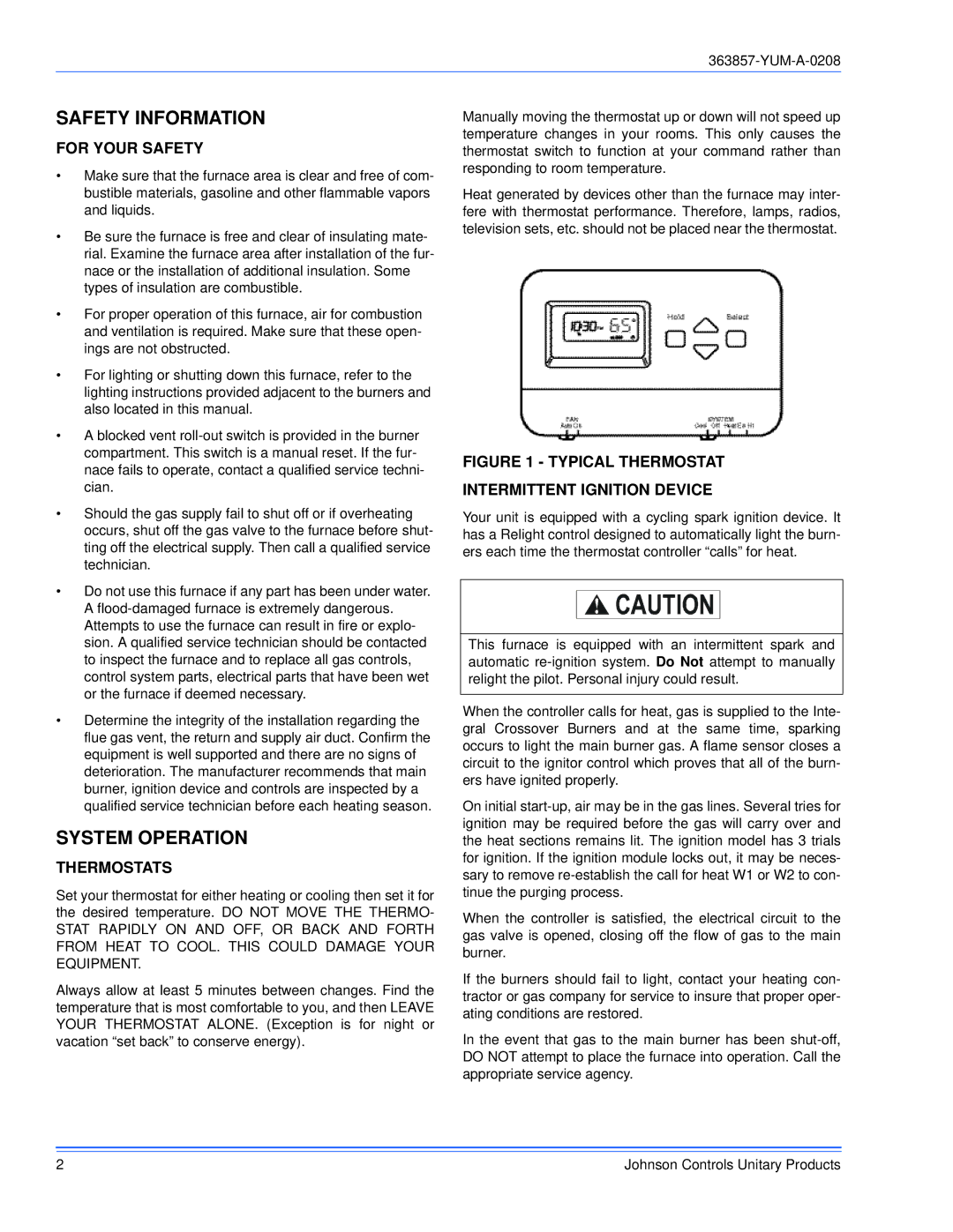 York 363857-YUM-A-0208 manual Safety Information, System Operation, For Your Safety, Thermostats 