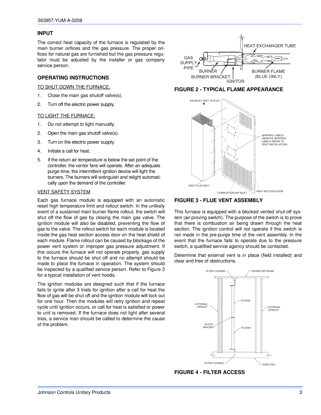 York 363857-YUM-A-0208 manual Input, Operating Instructions 