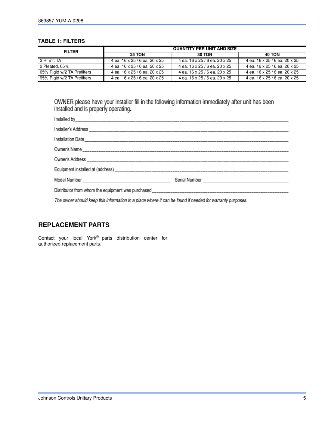 York 363857-YUM-A-0208 manual Replacement Parts, Filters 