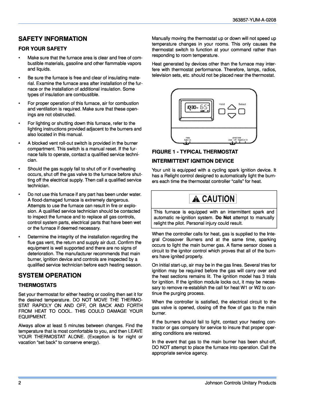 York 363857-YUM-A-0208 manual Safety Information, System Operation, For Your Safety, Thermostats, Typical Thermostat 
