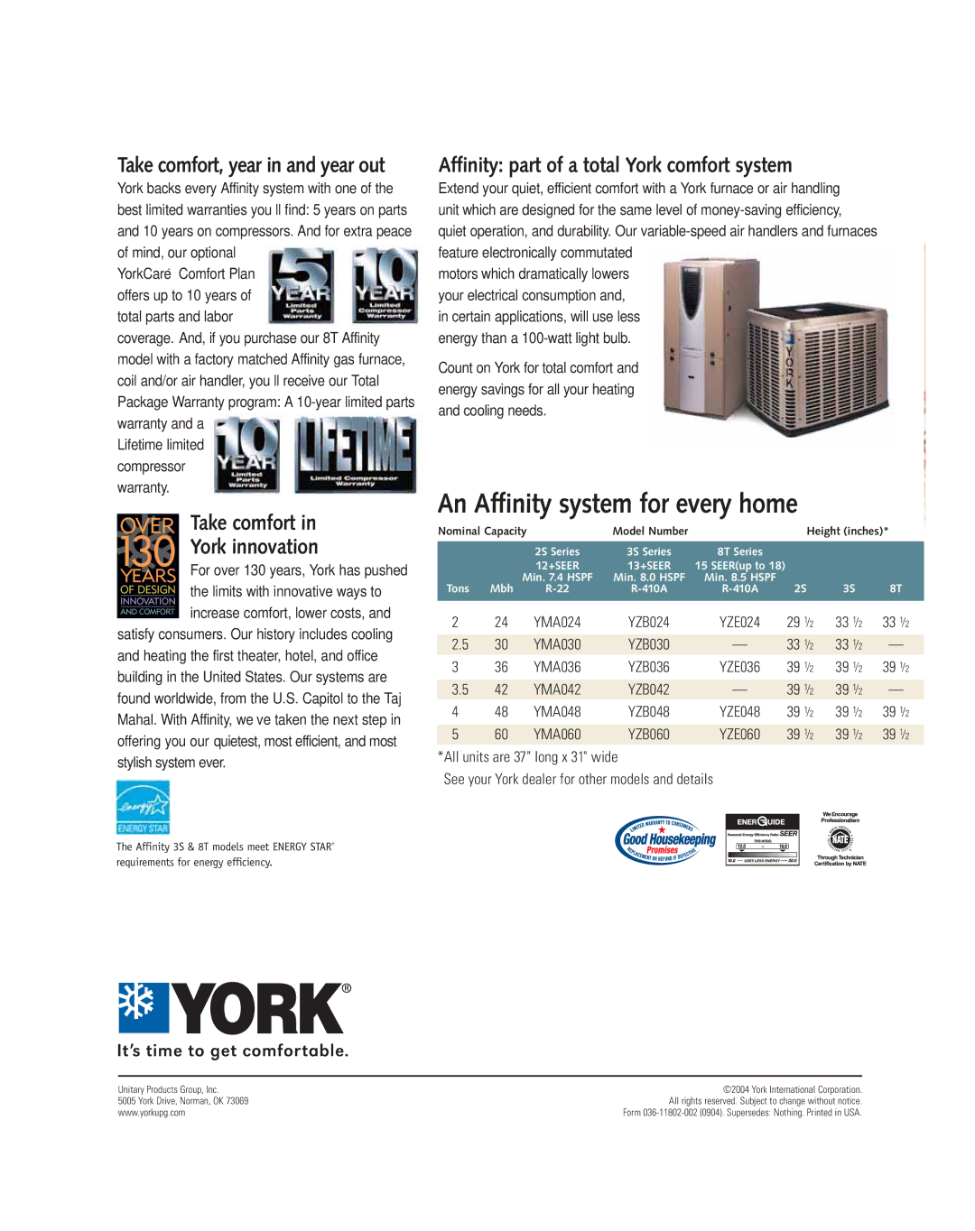 York 3S, 2S, 8T manual Take comfort York innovation, Affinity part of a total York comfort system 