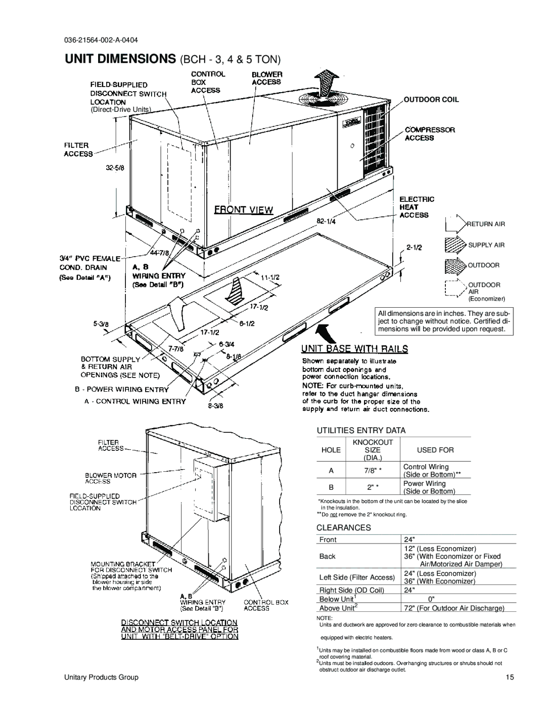 York 60, 48, B3CH 036 warranty Direct-Drive Units, Knockout Hole Size Used for, Control Wiring, Side or Bottom, Power Wiring 