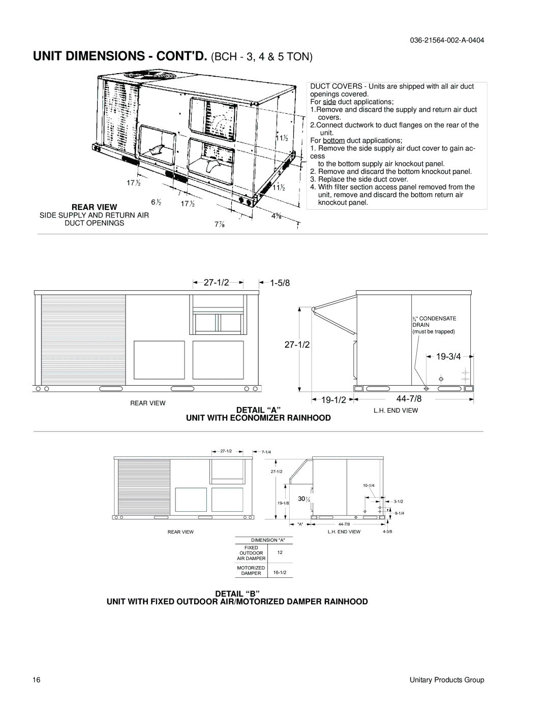 York 48, 60, B3CH 036, B5CH 036 Unit Dimensions CONTD. BCH 3, 4 & 5 TON, Rear View, Detail a, Unit with Economizer Rainhood 