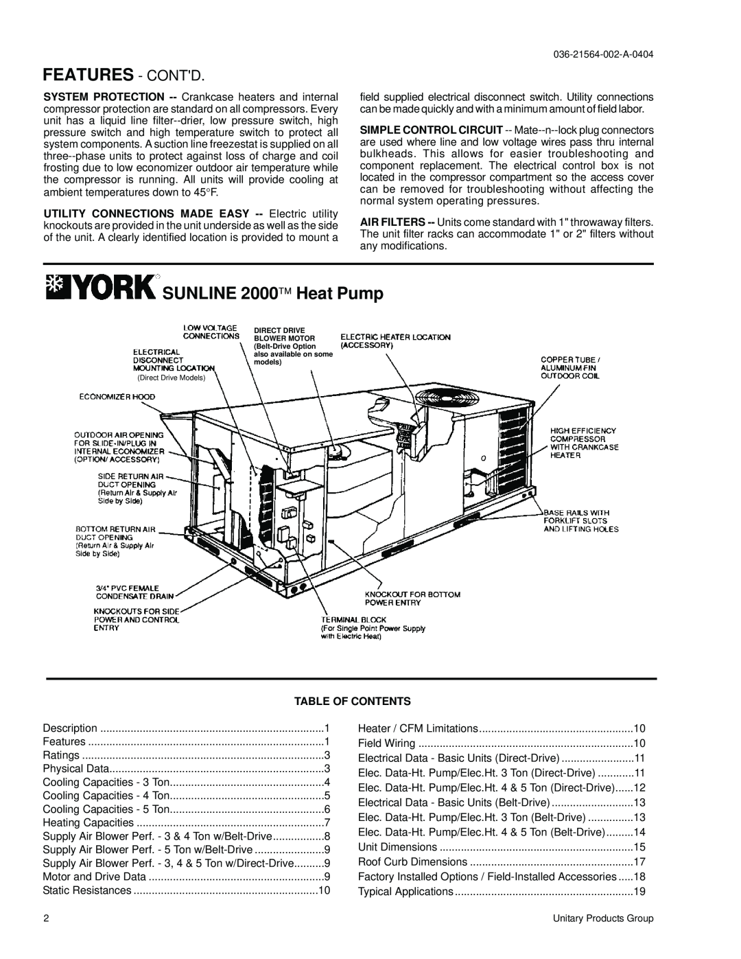 York B3CH 036, 60, B5CH 036, B6CH 048 warranty Features - Contd, SUNLINE 2000 Heat Pump, Table Of Contents 