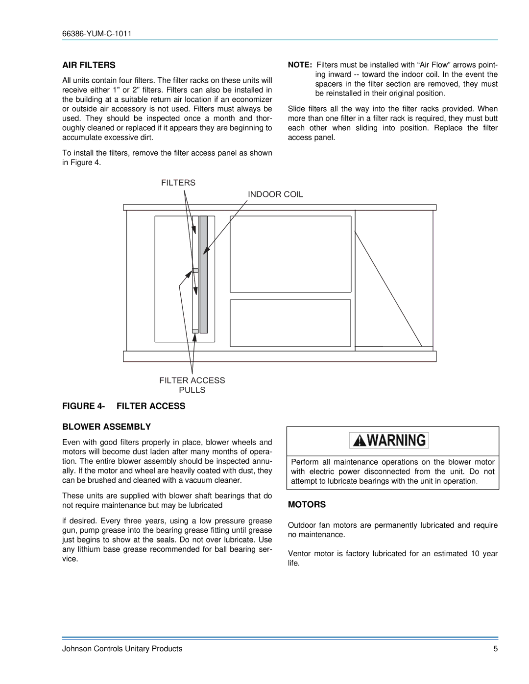 York 66386-YUM-C-1011 manual AIR Filters, Motors 