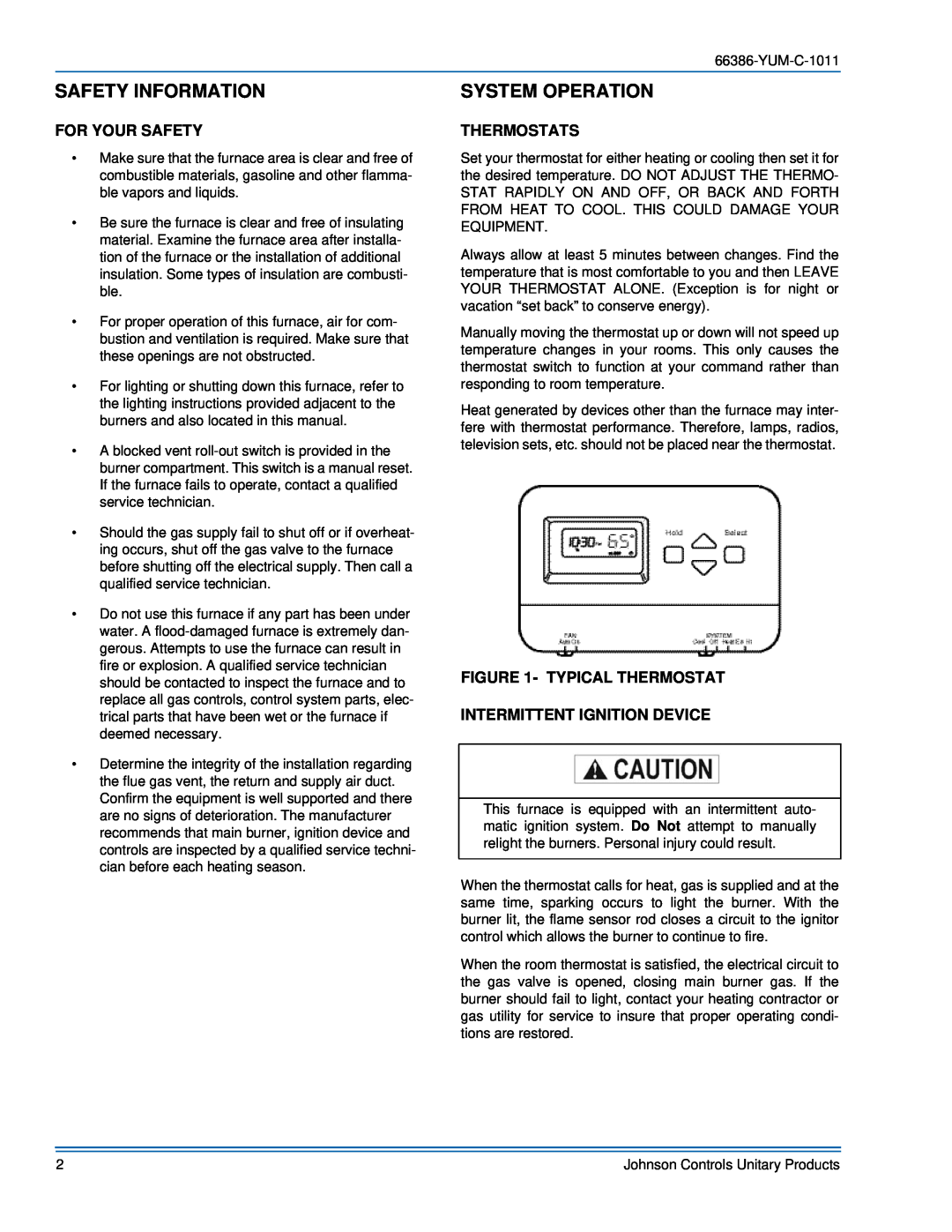 York 66386-YUM-C-1011 manual Safety Information, System Operation, For Your Safety, Thermostats, Typical Thermostat 