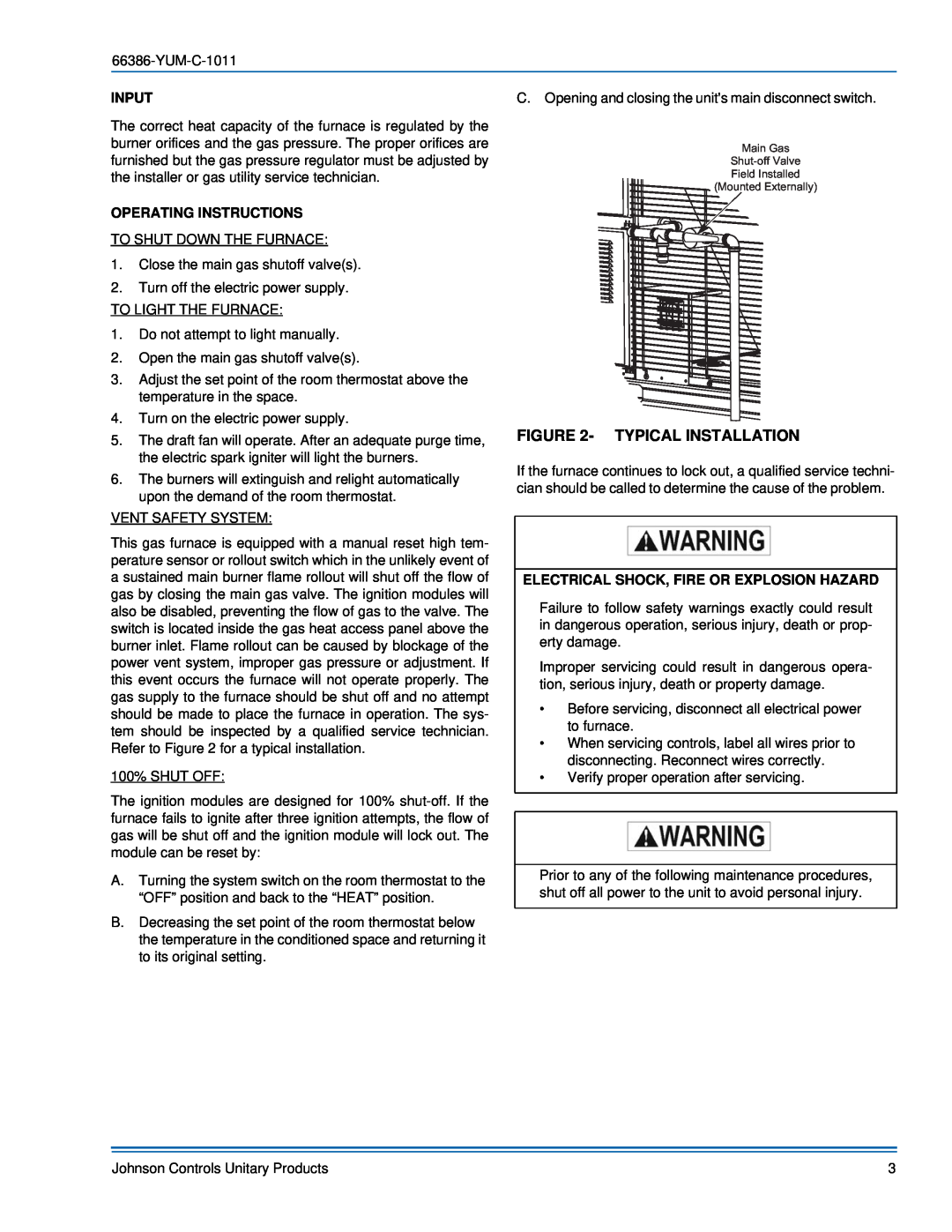 York 66386-YUM-C-1011 Typical Installation, Input, Operating Instructions, Electrical Shock, Fire Or Explosion Hazard 